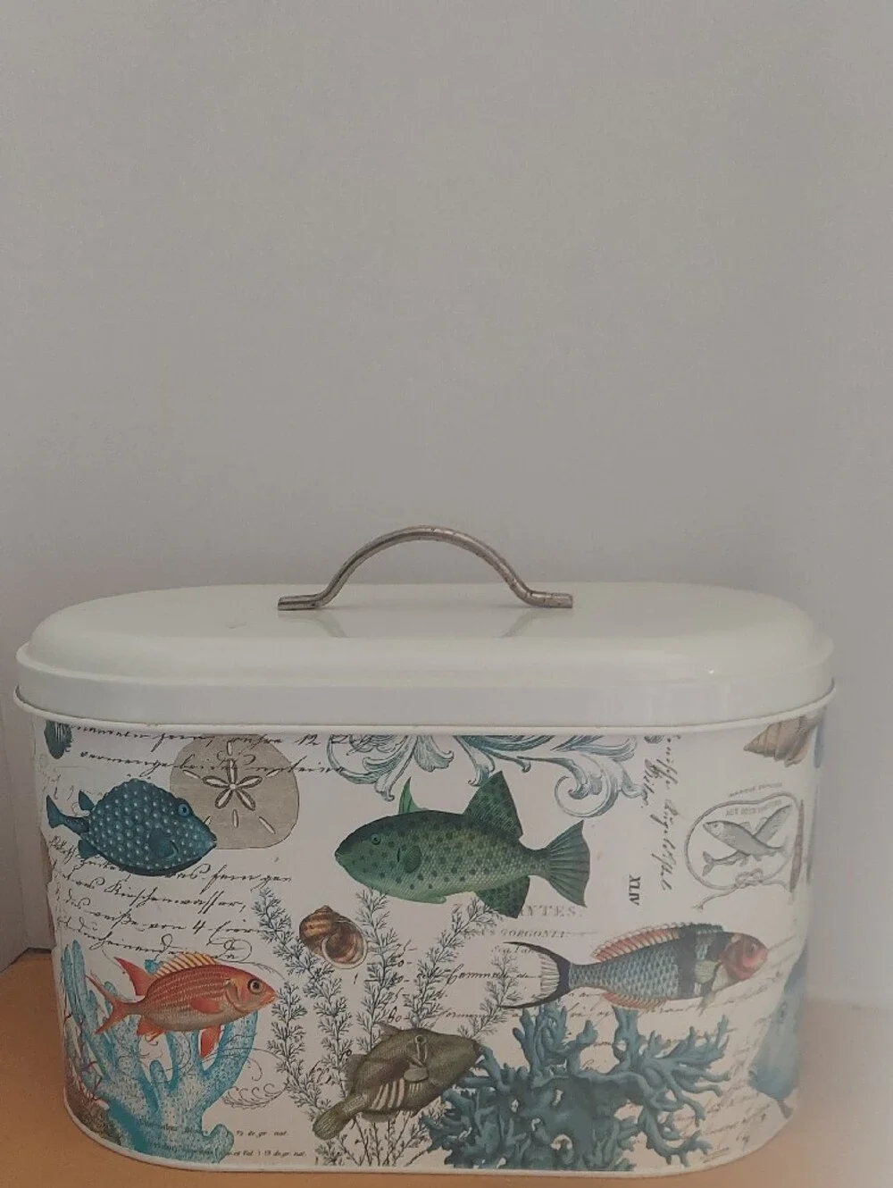 Decorative Fish-Print Tin Storage Box in White and Teal